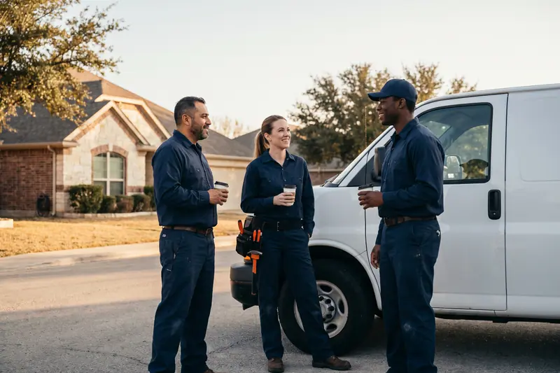 Hill Country Plumbing Pros technician crew beside service van in morning light